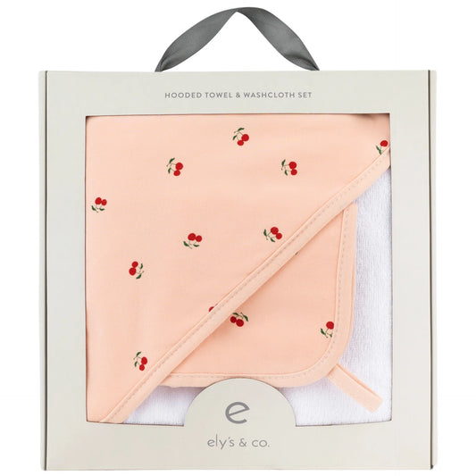 Printed Hooded Towel and Washcloth Set -Red Cherry