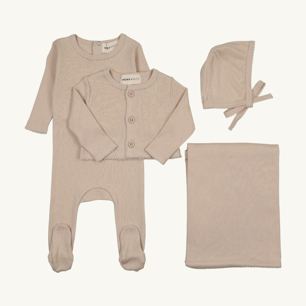 Pointelle Footie and Cardigan Layette Set Oatmeal