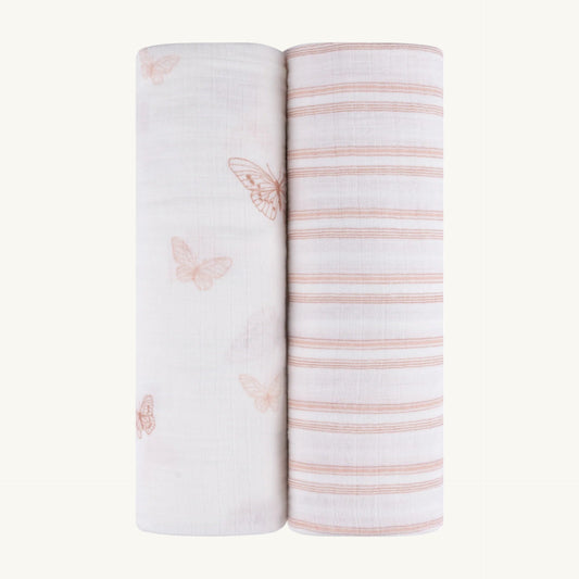 2 Pack Muslin Swaddles Butterflies + Stripes