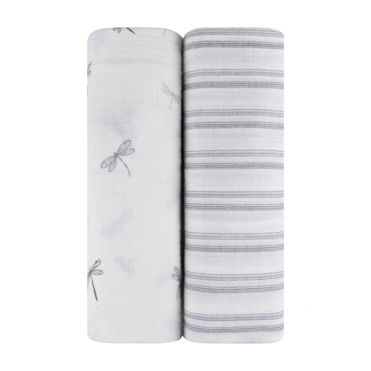 2 Pack Muslin Swaddles Drangonflies Stripes