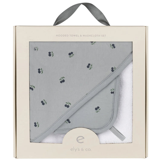 Printed Hooded Towel and Washcloth Set Blue Cherry