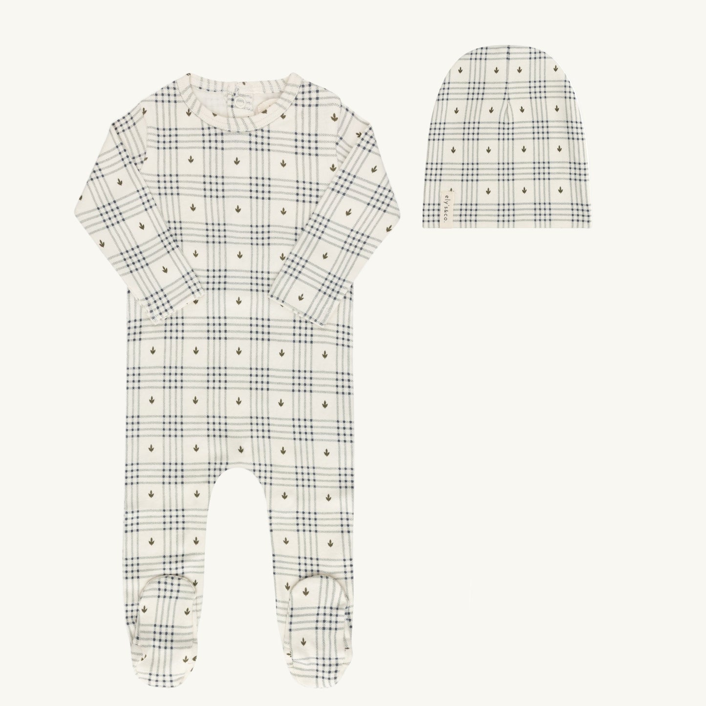 Floral Plaid Collection Ivory/Blue Footie Set