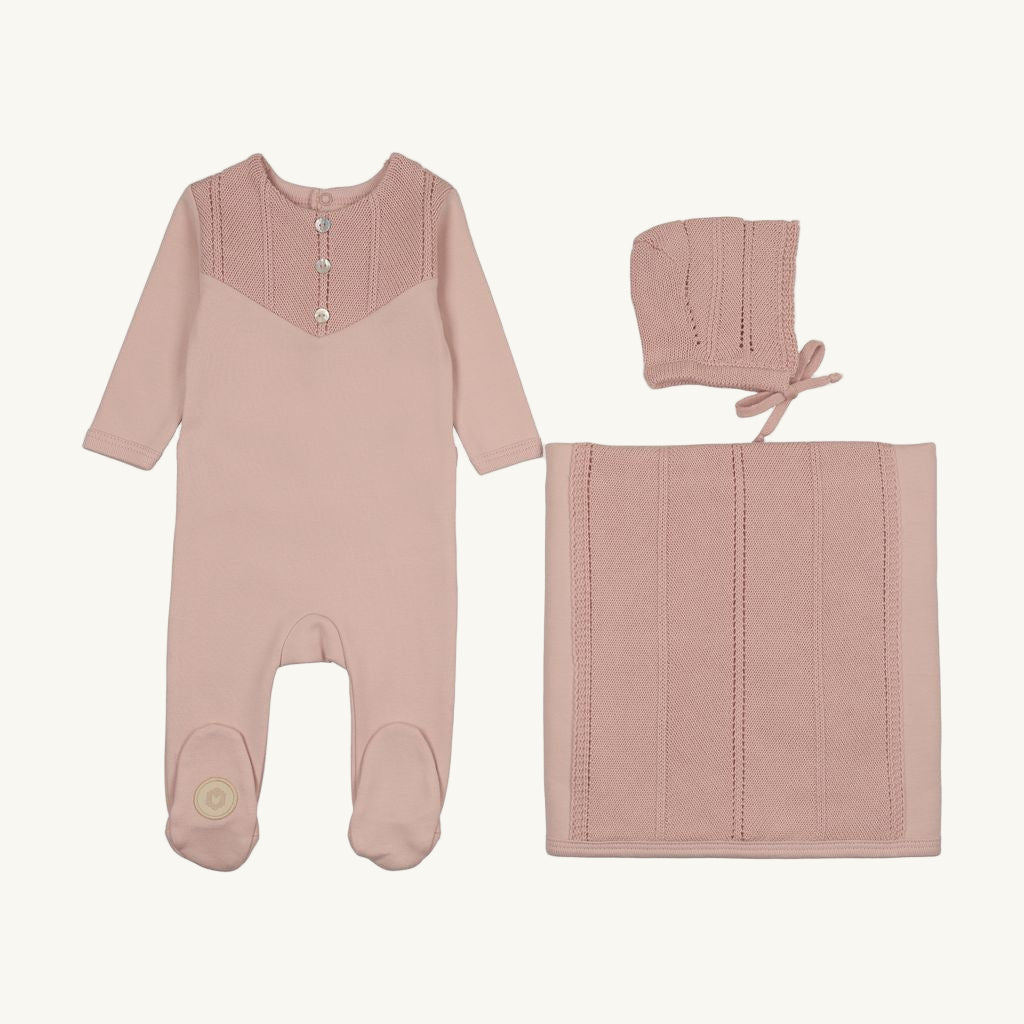 V-Knit henley Layette Set Pink
