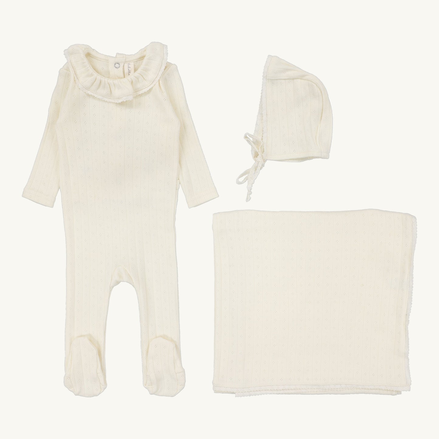 Fine Pointelle Collar Layette Set Cream Ruffle