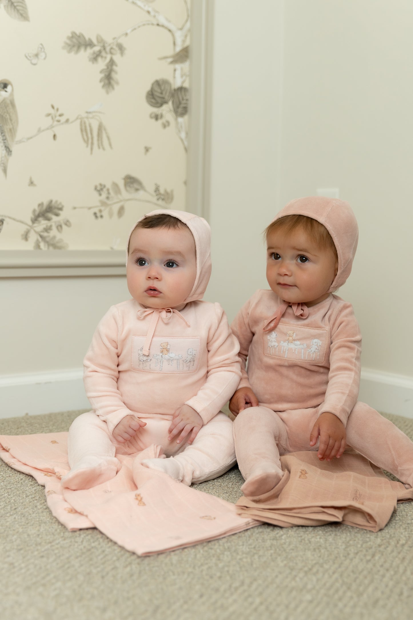 Tea Time Velour Footie/Beanie-Pale Pink