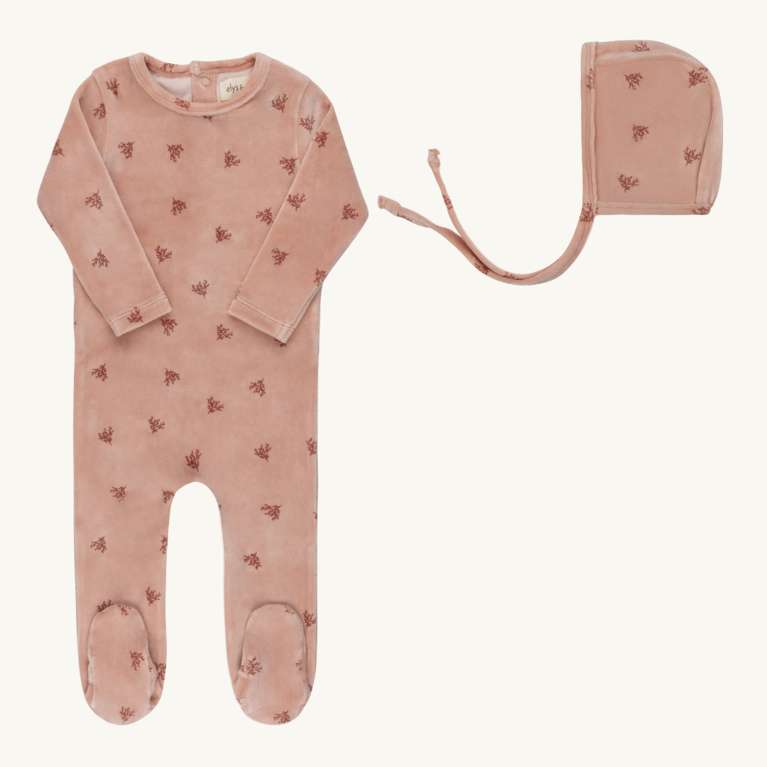 Velour Leaf Pattern Footie Set Pink