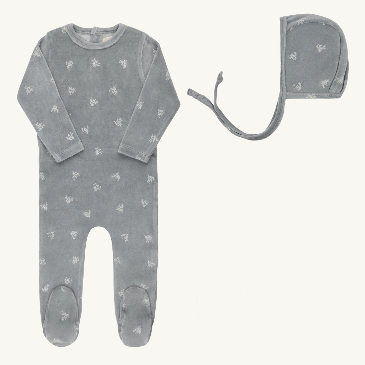 Velour Leaf Pattern Footie Set Blue
