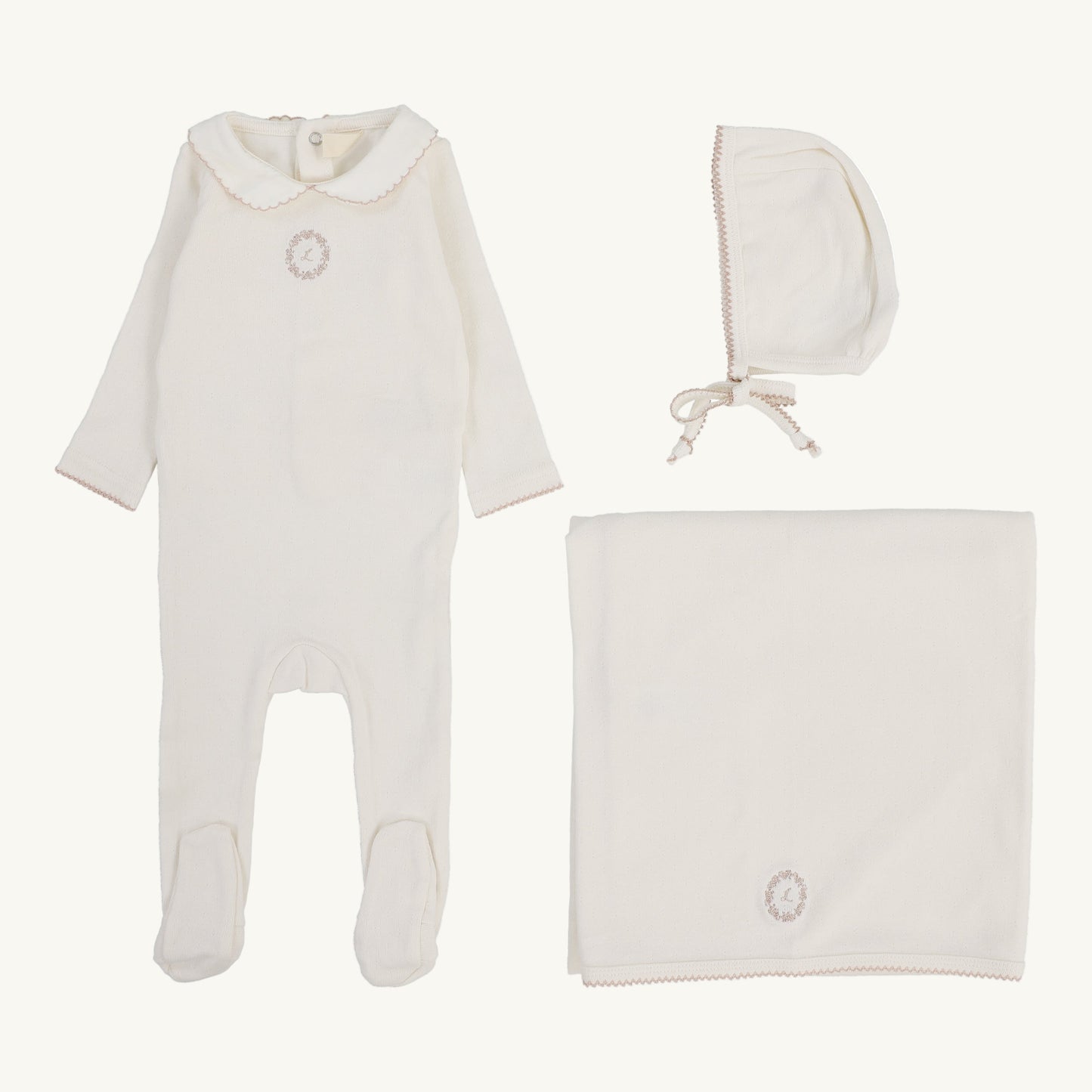 Emblem Embroidered Layette Set Cream/Pink
