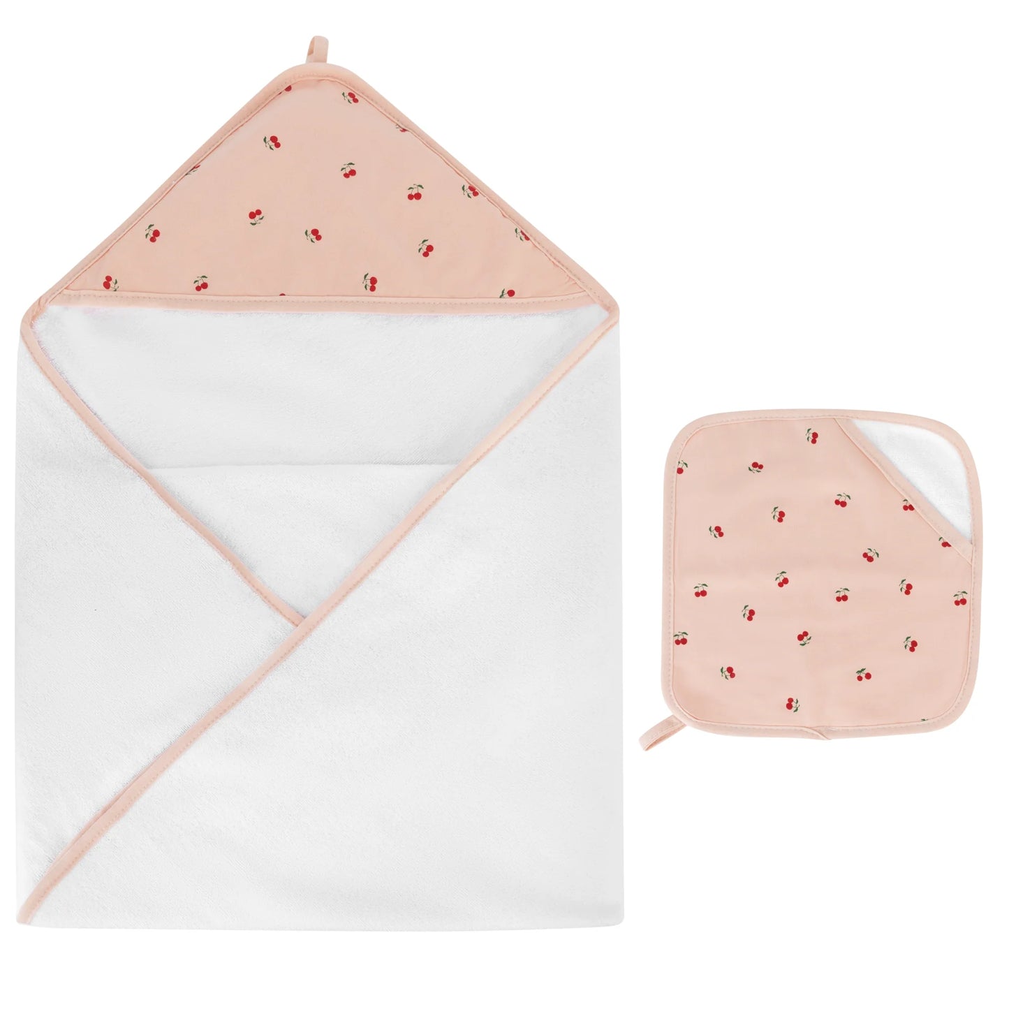 Printed Hooded Towel and Washcloth Set -Red Cherry