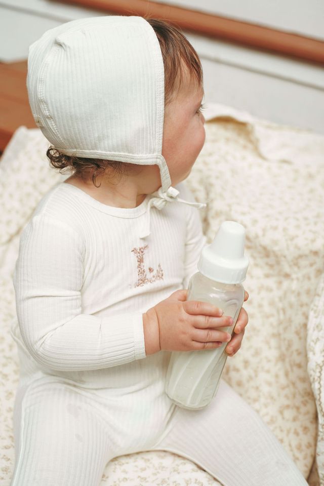 Ivory Ribbed Layette Set W/ Pink 'L'