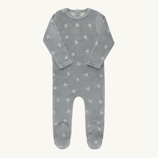 Velour Leaf Pattern Footie Blue