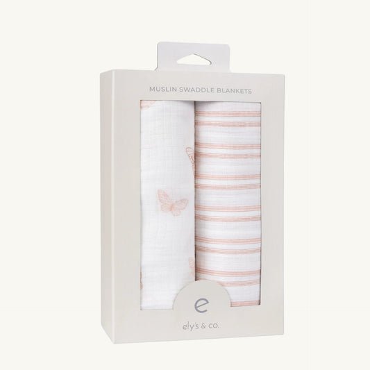 2 Pack Muslin Swaddles Butterflies + Stripes