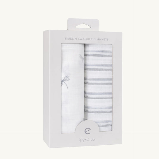 2 Pack Muslin Swaddles Drangonflies Stripes