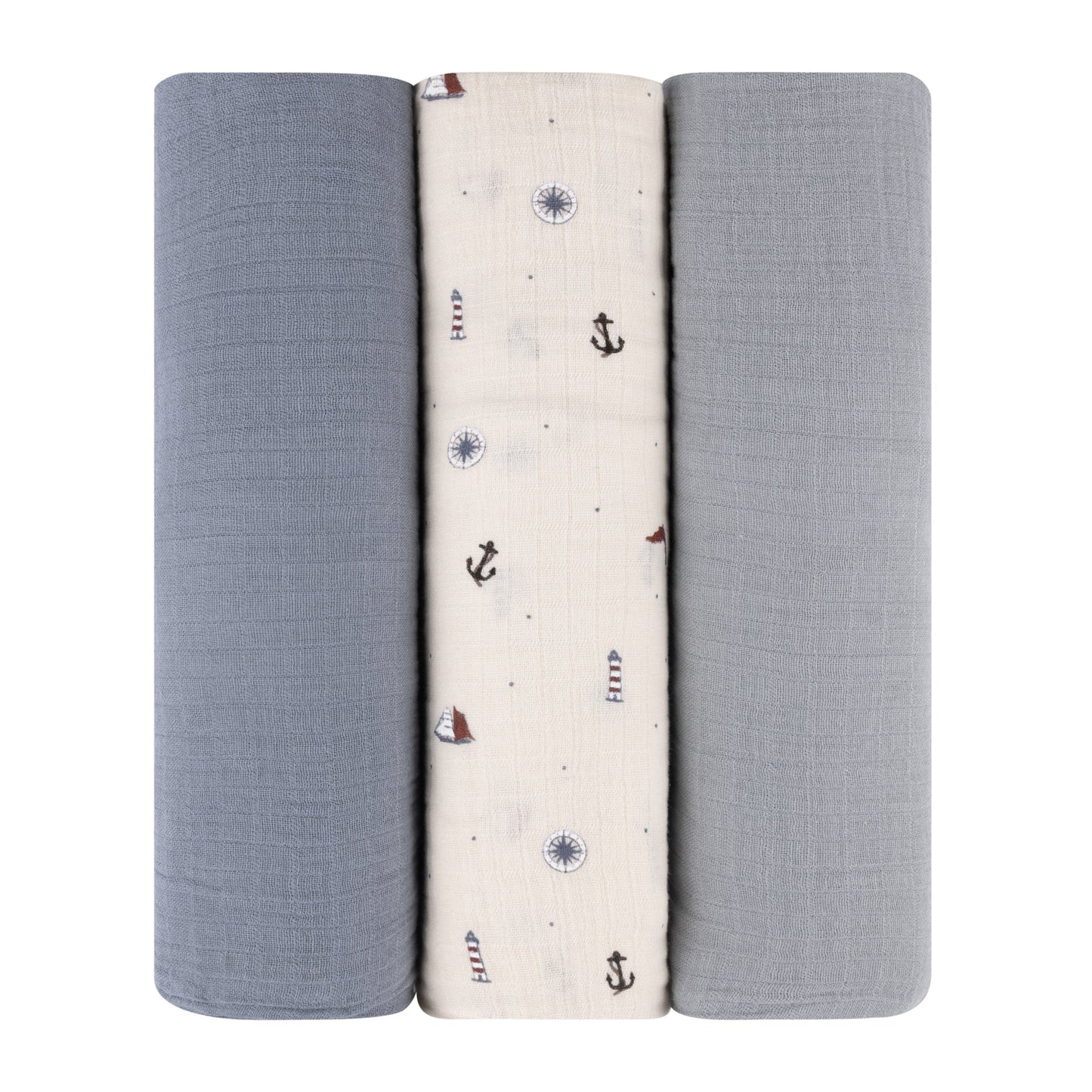 3 Pack Muslin Swaddles - Nautical and Solid