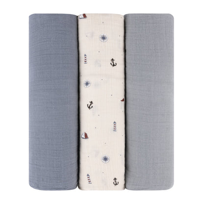 3 Pack Muslin Swaddles - Nautical and Solid