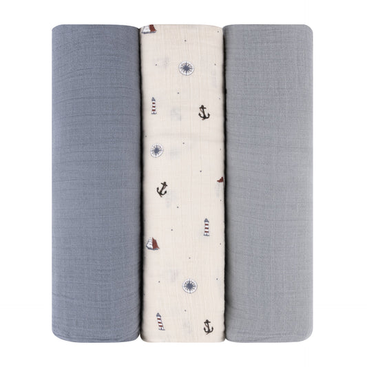 3 Pack Muslin Swaddles - Nautical and Solid