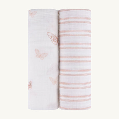 2 Pack Muslin Swaddles Butterflies + Stripes