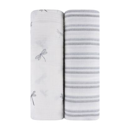2 Pack Muslin Swaddles Drangonflies Stripes
