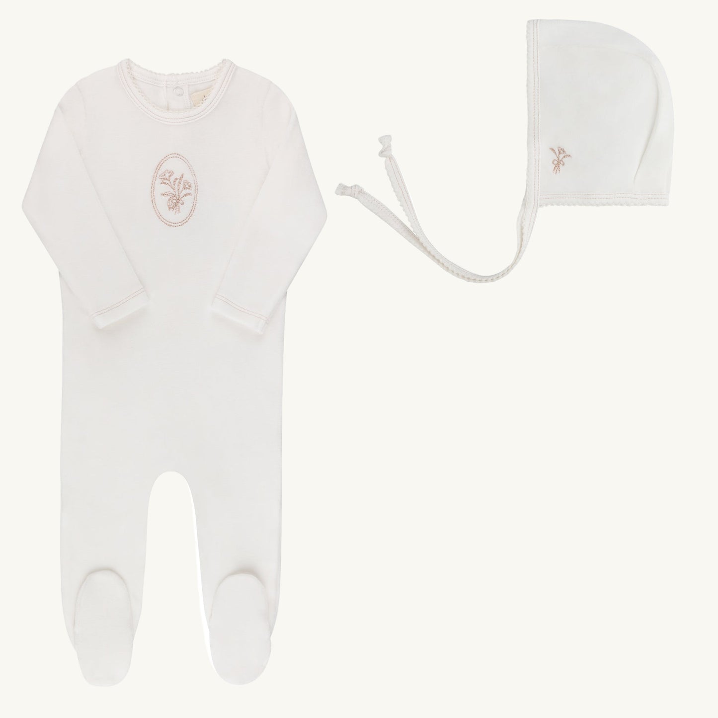 Velour Center Floral Ivory/Rosegold Footie Set