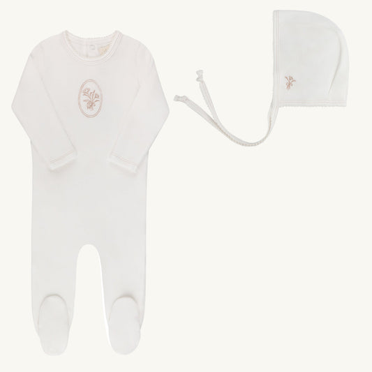 Velour Center Floral Ivory/Rosegold Footie Set