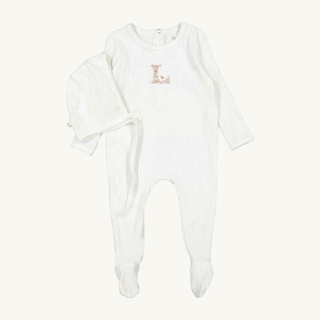 Ivory Ribbed Footie and Hat W/ Pink 'L'