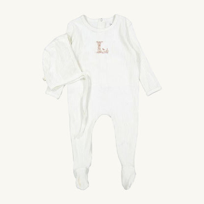 Ivory Ribbed Footie and Hat W/ Pink 'L'