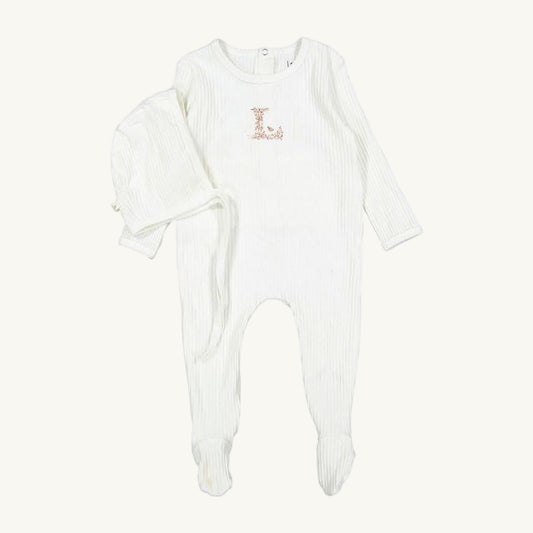 Ivory Ribbed Footie and Hat W/ Pink 'L'