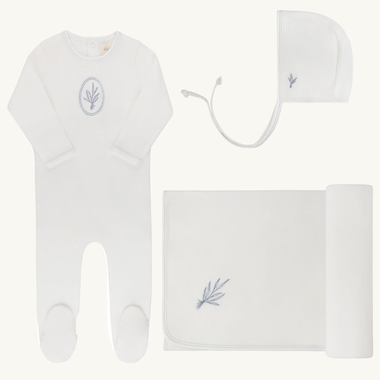 Velour Center Floral Ivory/blue Layette Set