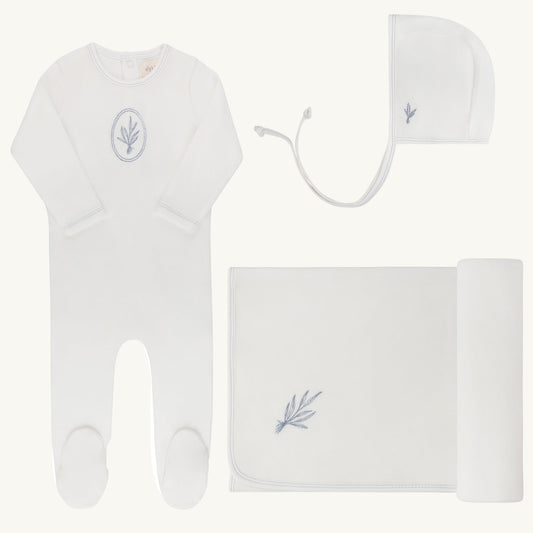 Velour Center Floral Ivory/blue Layette Set
