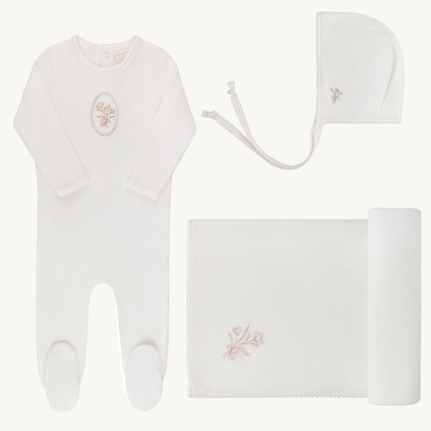 Velour Center Floral Ivory/Rosegold Layette Set