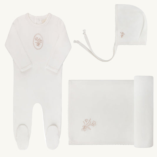 Velour Center Floral Ivory/Rosegold Layette Set