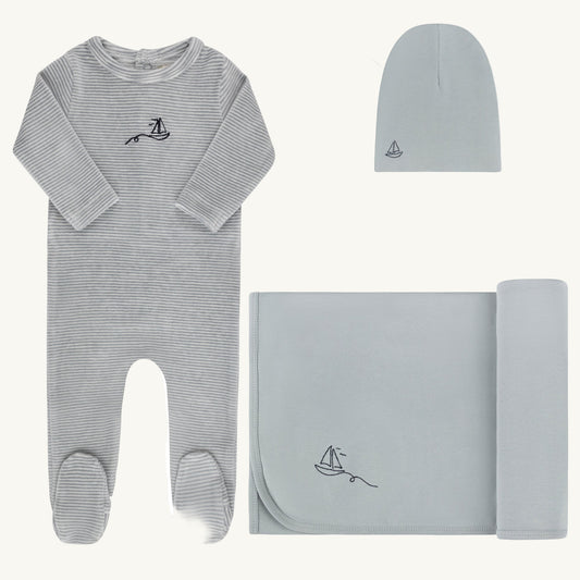 Velour Stripe Collection Light Blue Layette Set