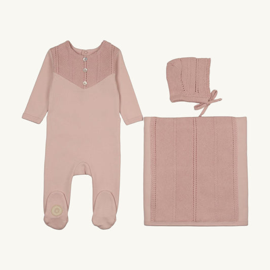 V-Knit henley Layette Set Pink