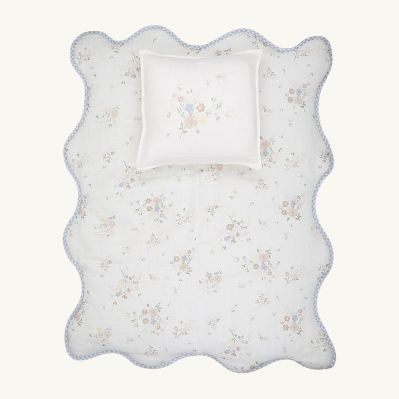 Blue Gingham Floral Bamboo Blanket + Pillow case