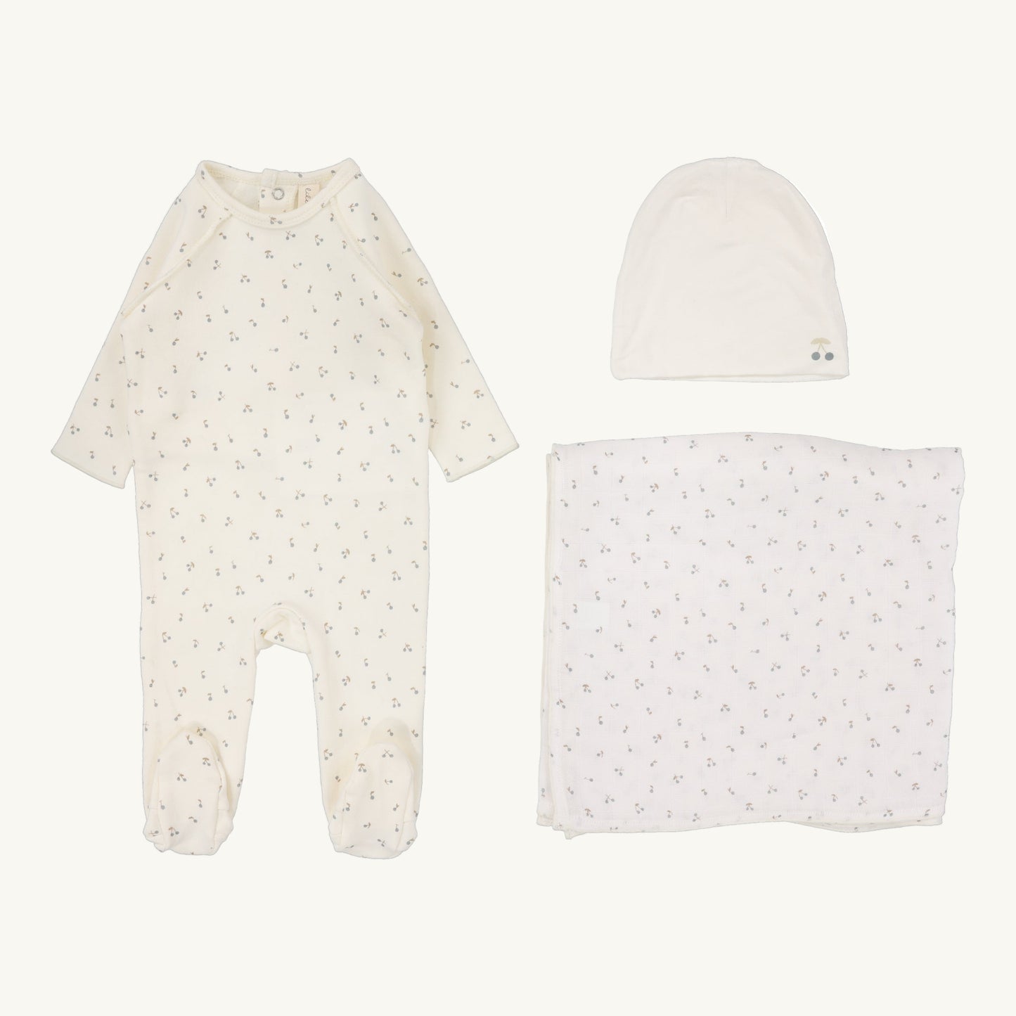 Cherry Print Layette Set Cream/Blue