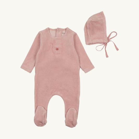 Cute As A Button Footie/Bonnet-Satin Pink