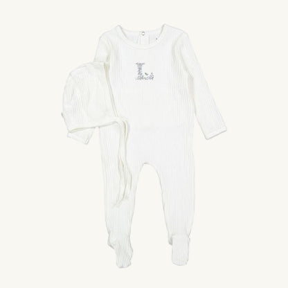 Ivory Ribbed Footie and Hat W/ Blue 'L'