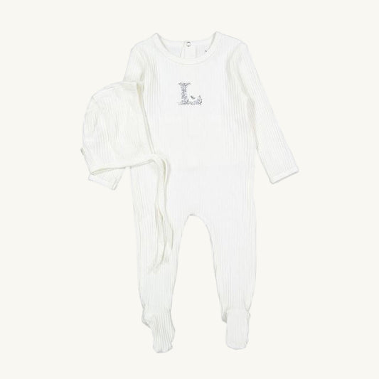 Ivory Ribbed Footie and Hat W/ Blue 'L'