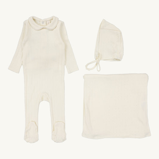 Fine Pointelle Collar Layette Set  Cream Peter Pan