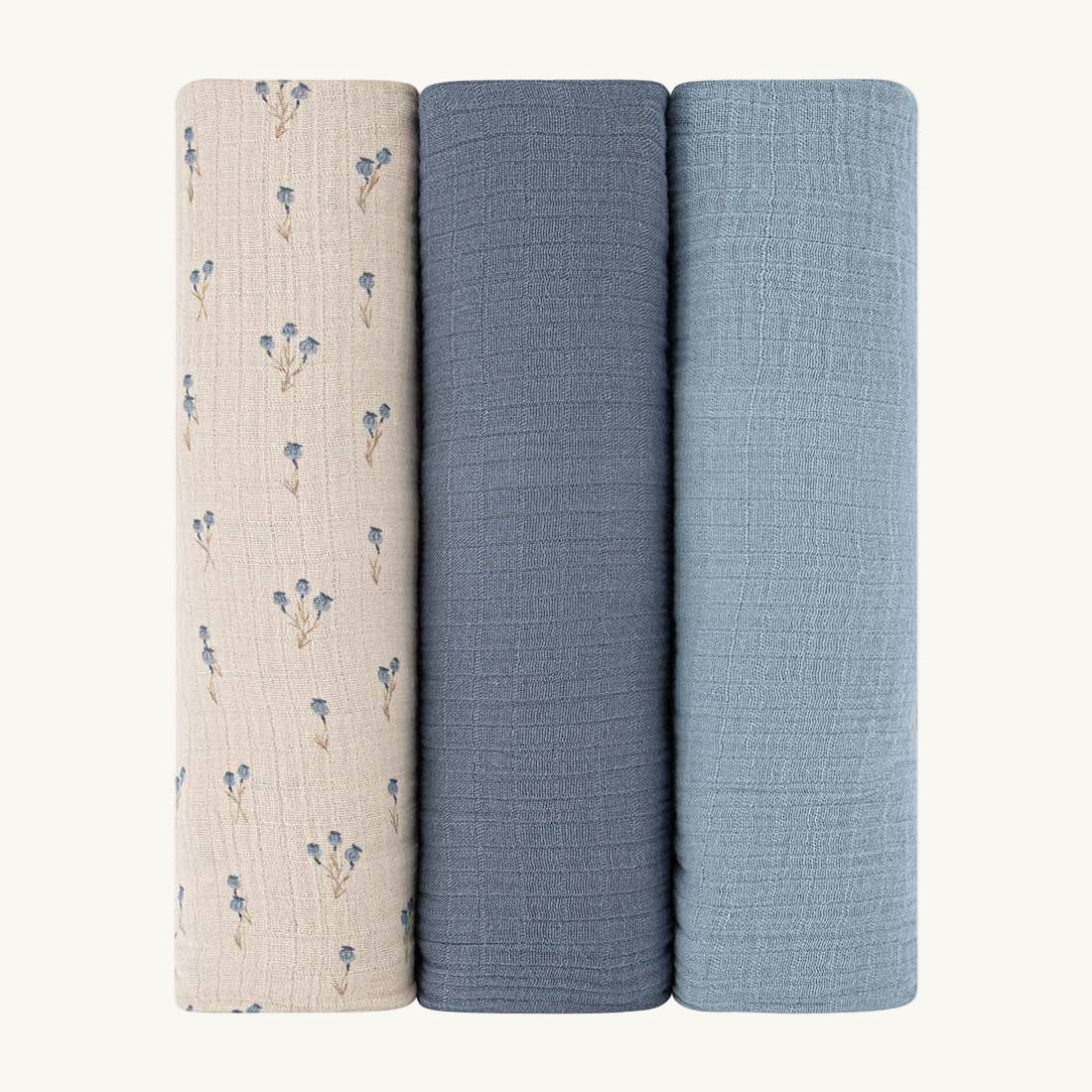 3 Pack Muslin Swaddle - Bluebell - Blue