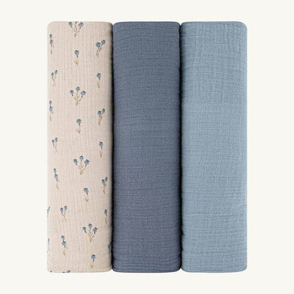 3 Pack Muslin Swaddle - Bluebell - Blue