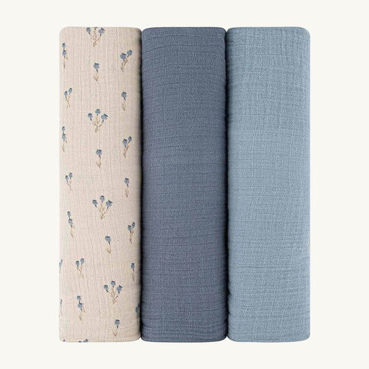3 Pack Muslin Swaddle - Bluebell - Blue