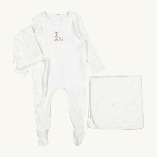 Ivory Ribbed Layette Set W/ Pink 'L'