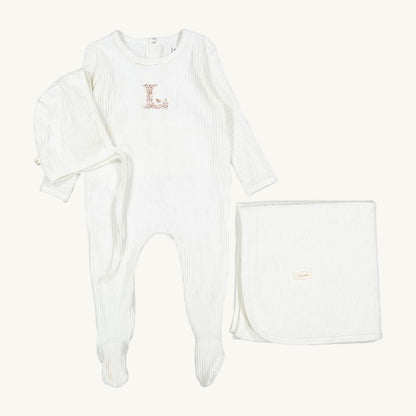 Ivory Ribbed Layette Set W/ Pink 'L'