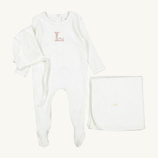 Ivory Ribbed Layette Set W/ Pink 'L'