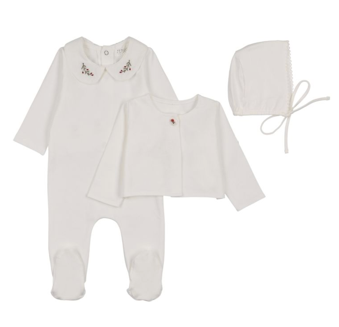 Footie Set with Cardigan Embroidered Collar