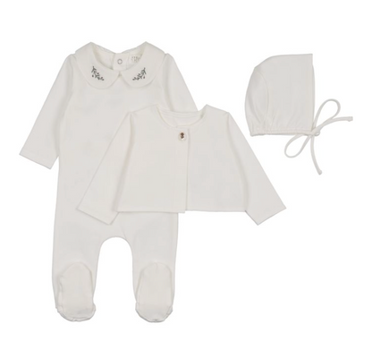 Footie Set with Cardigan Embroidered Collar