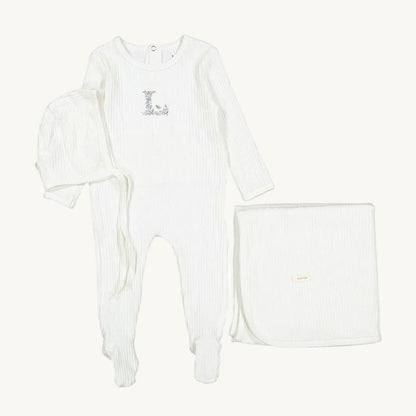 Ivory Ribbed Layette Set W/ Blue 'L'