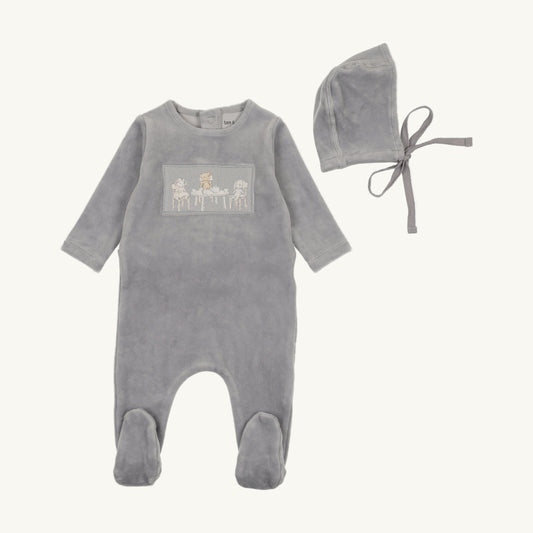 Tea Time Velour Footie/Beanie-Dusty Blue