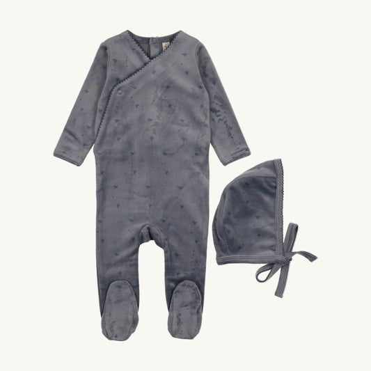 Velour Denim Blue Floral Footie Set